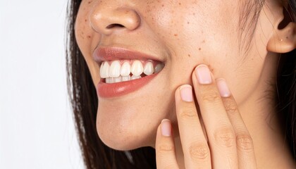 Obraz premium Woman Smiling Gently Touching Face Freckles Healthy Skin.