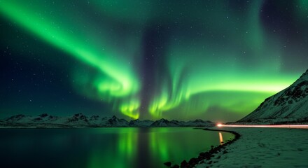 Naklejka premium Northern Lights over a snowy mountain lake with a road