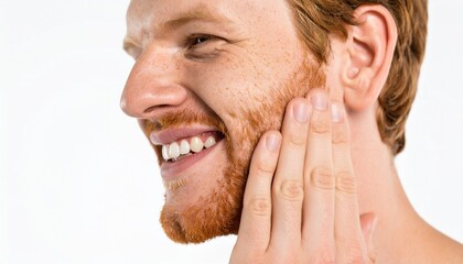 Fototapeta premium Happy Man with Red Beard Touching Face Skincare Routine.