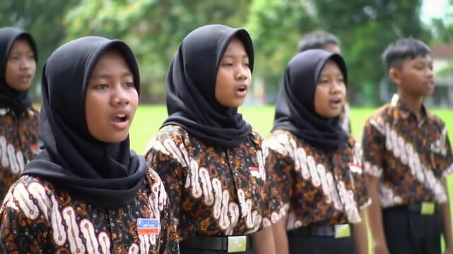 Students singing in Batik attire outdoors