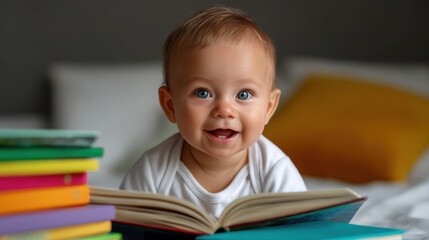 Happy baby with blue eyes reading colorful book on bed with pillows in cozy room