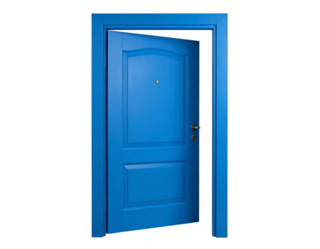Front View of Open Blue Doorway Revealing Bright Light Beyond, Isolated on Transparent Background PNG