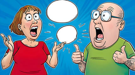A surprised woman and a man with thumbs up,  engaged in a conversation with empty thought bubbles