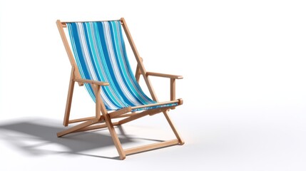 Striped blue and white fabric deck chair on light wood frame, isolated on white background
