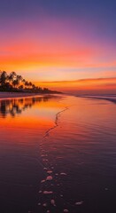 Obraz premium Tropical sunset paradise beach with palm trees, turquoise ocean, and sunny sky perfect for a summer vacation, turquoise ocean, and sunny sky perfect for a summer vacation