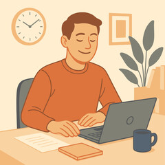 Flat illustration of man working at desk in calm office environment with plants and minimal distractions, promoting focus and balance