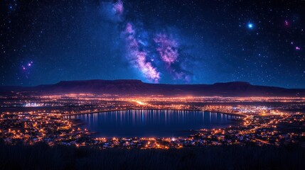 Spectacular Nightscape, Illuminated City by Lake under Milky Way