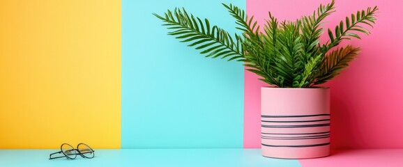 Vibrant plant in a striped pot on a colorful background