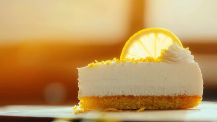 Creamy lemon cheesecake slice, sweet citrus dessert with bright lemon zest, radiates warmth and evokes sunny feelings in every bite - Powered by Adobe