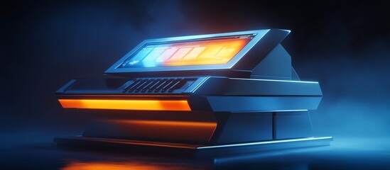 Retro futuristic terminal glows in dark studio