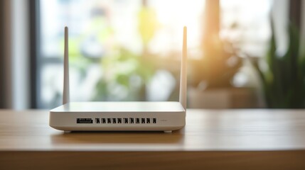Modern wireless router on a wooden table.