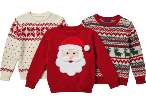Three festive christmas sweaters with holiday patterns isolated on transparent background - Powered by Adobe