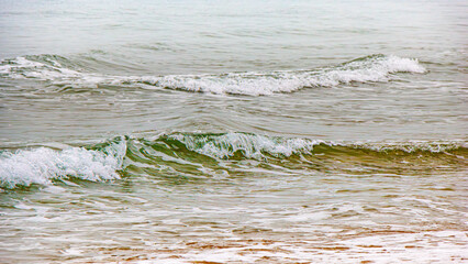 Gruissan Beach in the South of France.
Seascape with beach and waves in Aude. Intense lights in Occitania.
