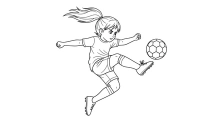 Fototapeta premium Soccer Player Kicking a Ball: A dynamic sketch captures the essence of a young soccer player, poised mid-kick, demonstrating both agility and determination. The ball hangs suspended in air.