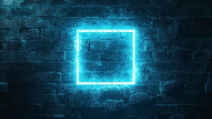 Glowing cyan neon square frame on a dark brick wall.