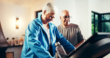 Old couple, treadmill and smile for fitness in home, walk and support with training in retirement. Senior man, woman and discussion with gym equipment, machine and steps with exercise in house