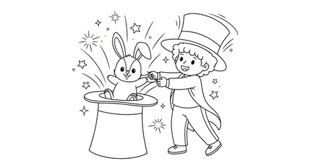 Magic Act Illusion: A captivating illustration of a magician pulling a rabbit from a hat, creating a sense of wonder and enchantment, against a stark, clean background.