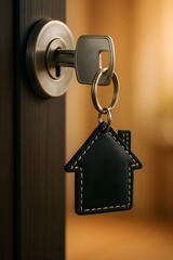Silver key with house shaped keychain inserted into a dark wood door lock