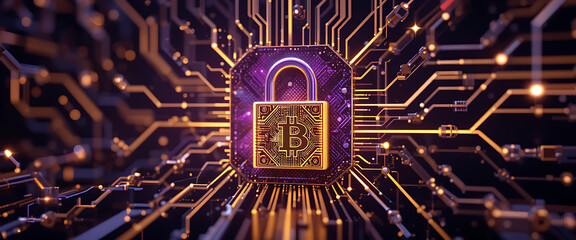 abstract block chain technology digital 3d cyber security system with lock on the middle dark purple golden lock shine shimmering micro glowing system background, negative space on the right, 