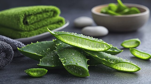 Fresh aloe vera leaves with water droplets, spa setting - Powered by Adobe