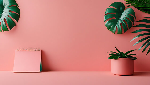 Minimalist desk scene with a blank calendar mockup on a pink background. Tropical monstera and palm leaves frame the copy space for product display, planning, or branding