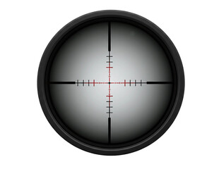 Close up view through a rifle scope with crosshairs and red dot sight