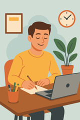 Flat illustration of man working at desk in calm office environment with plants and minimal distractions, promoting focus and balance