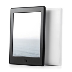 Black electronic reader device displaying ocean scene beside white device image