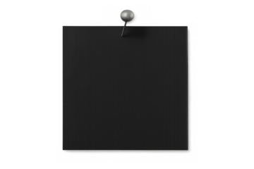 Black square sticky note pinned with a thumbtack on a transparent background, creating a simple yet effective visual for reminders or announcements