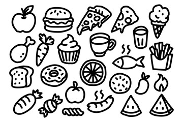 Set of hand-drawn food and drink icons in simple line art style. Includes fast food, fruits, desserts, beverages, bread, vegetables, and snacks. Perfect for menu design, restaurant branding.