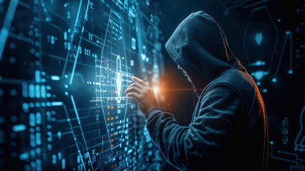 Cybercrime concept. Hacker in hoodie interacts with glowing digital interface, data breach, cyber attack