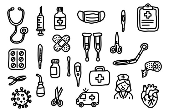 Set of hand drawn medical doodle icons in black and white, including tools, doctor, and health care items.