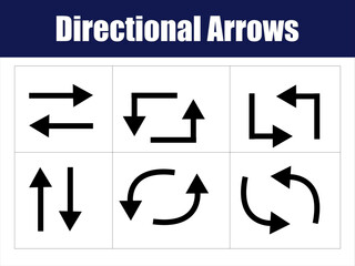 Bold Directional Arrows Icon Grid for Navigation Designs. Set of six bold directional arrows for navigation and flow indicators in UI or diagrams.