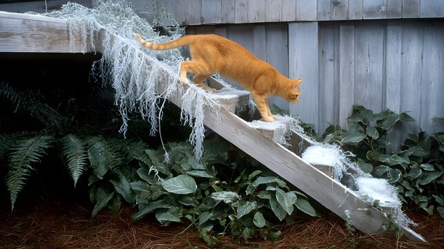 cat climbing tree in backyard garden, frozen mid-action