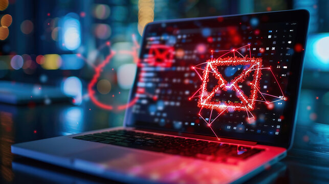 laptop alert email Red warning icons, digital interface Digital Communication Phishing Attack Online Scam Cyber Threat. Concept hacker cybersecurity data theft
