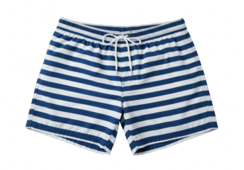 Blue and white striped swim shorts with a drawstring, isolated on white isolated on transparent background