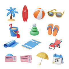 Collection of miniature beach and vacation themed objects for summer travel