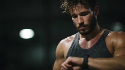Muscular man checking heart rate on smartwatch after intense gym workout