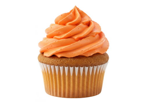 A delicious vanilla cupcake with vibrant orange frosting isolated on a transparent background