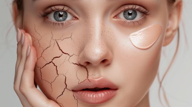 A woman's face is shown with a cracked, dry appearance. The left side of her face is covered in dry skin, while the right side is smooth and moisturized