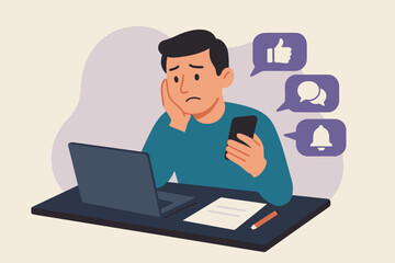 Flat illustration of man distracted by smartphone and notifications while working on laptop, symbolizing digital fatigue