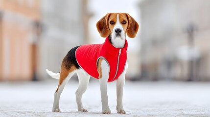 dog in winter jacket standing in snowy street