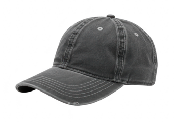 A grey denim baseball cap with a distressed look, isolated on a transparent background