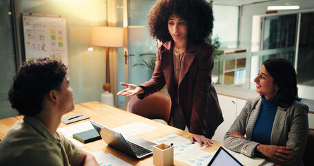 Coaching, collaboration and laptop with business people in office for education or training....