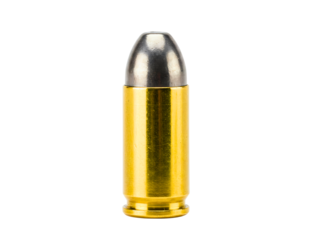 Close up of a single brass bullet on a png background