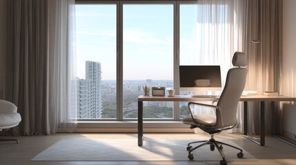 Fototapeta premium Modern home office with city view, featuring a light wood desk, comfortable chair, and floor-to-ceiling windows