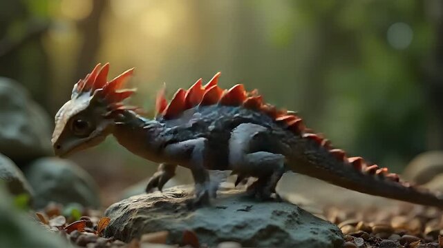 Small Mythical Dragon Creature Resting on a Rock in a Sunlit Forest