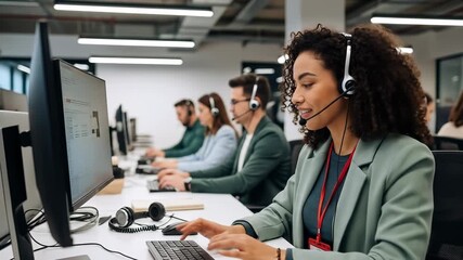 Customer service representative with headset in modern office, working at computer with diverse team, demonstrating professional communication, teamwork, and business support in friendly environment - Powered by Adobe
