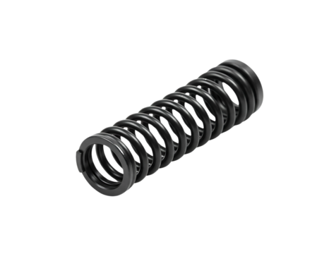 Close up of a black metal spring mechanism with a cylindrical housing - Powered by Adobe