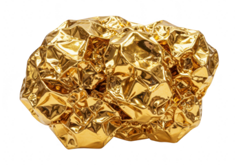 A rough, faceted gold nugget with a shiny metallic texture, isolated on white isolated on transparent background